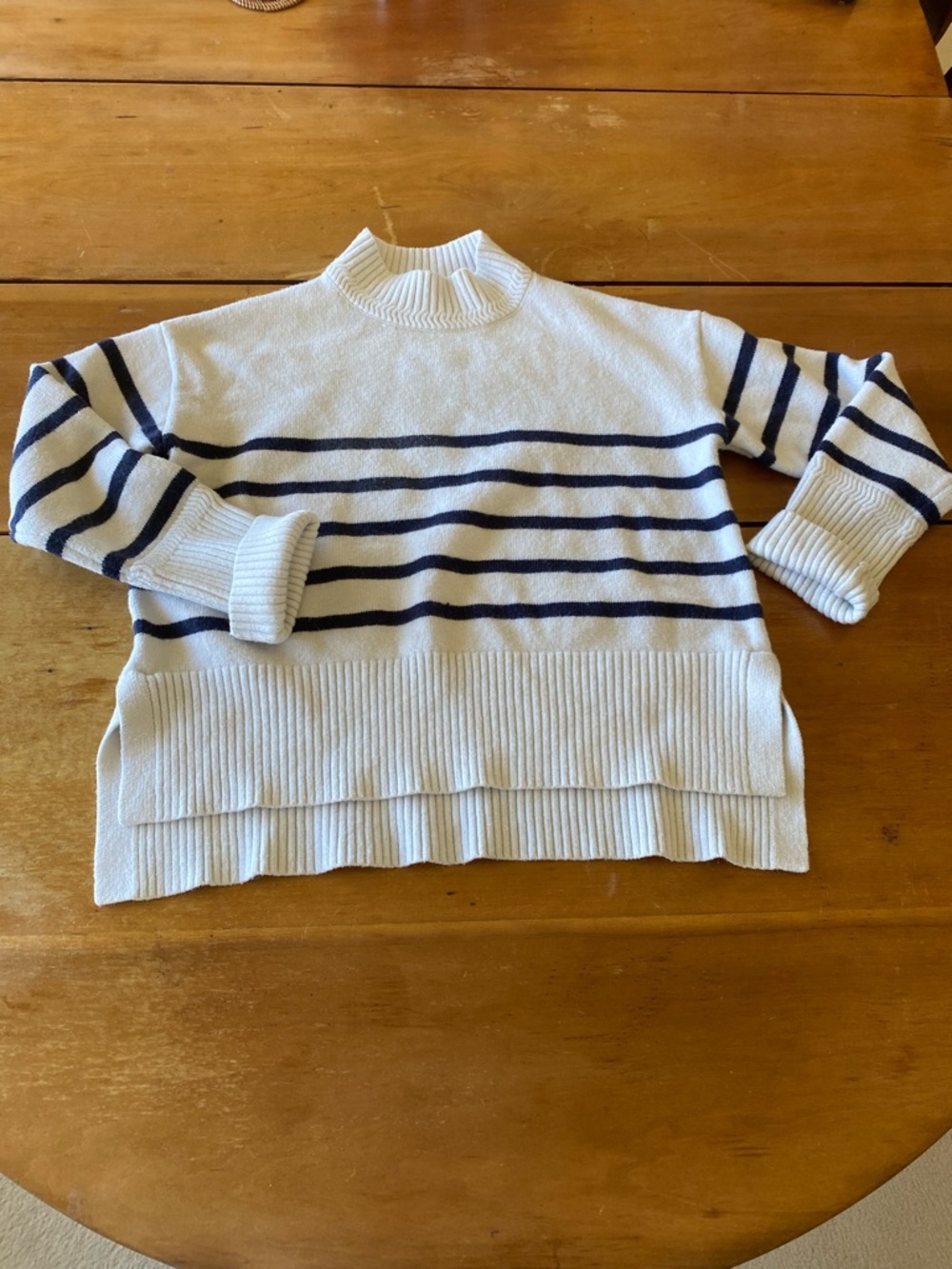 Nautical Classic White & Navy Striped Mock Neck Sweater Breton Style Medium